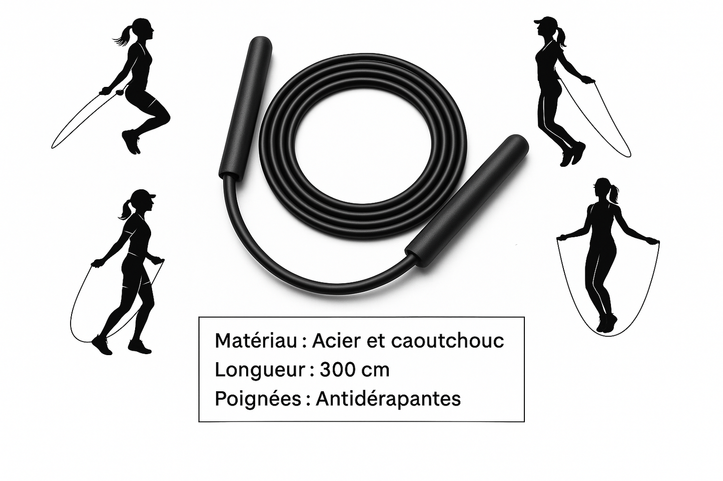 Photo produit avec silhouettes et spécifications de la corde à sauter