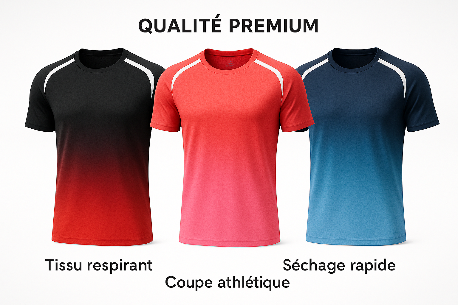 Collection de t-shirts dégradés avec descriptif qualité