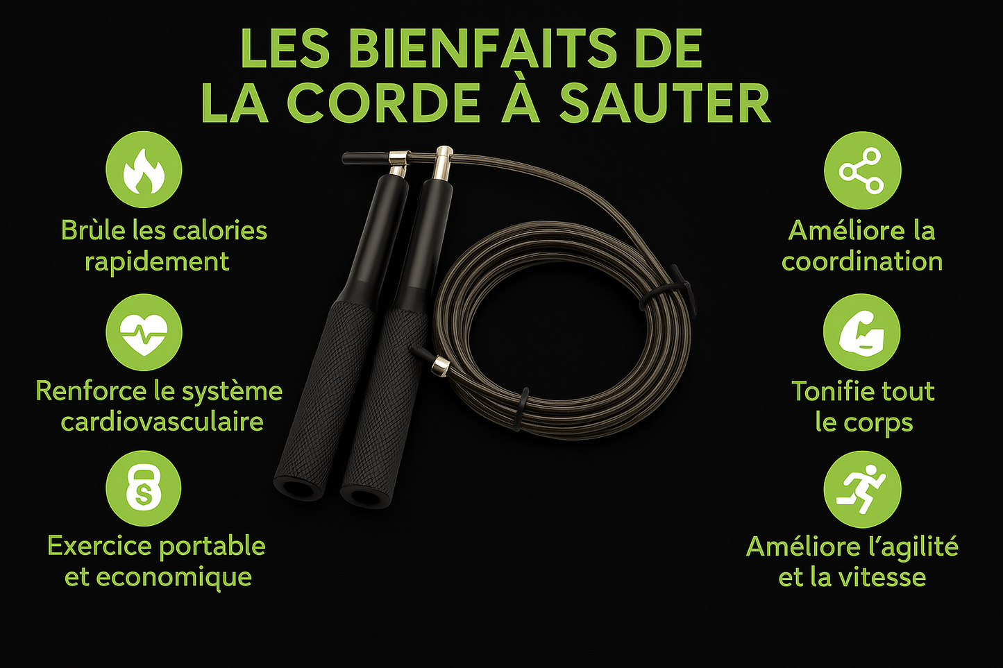 Infographie avec fond noir et texte vert des bienfaits de la corde à sauter