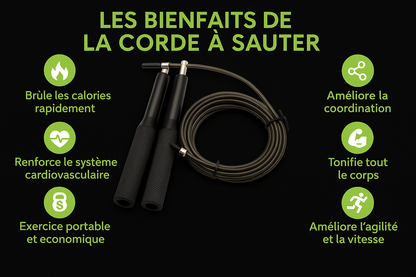 Infographie avec fond noir et texte vert des bienfaits de la corde à sauter